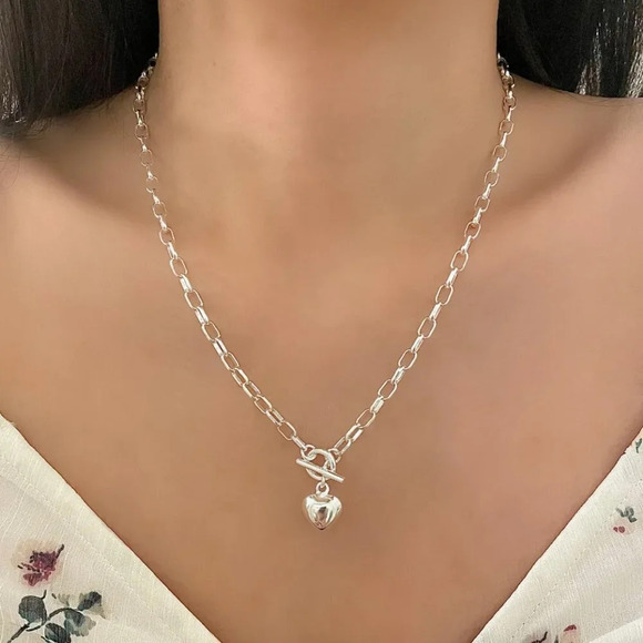 925 Sterling Silver Heart Necklace Chunky Toggle Link Necklace - Picture 1 of 3